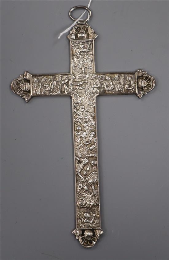 A late 19th century Hanau silver cross chased with numerous figures, import mark for Theodor Hartman, London, 1903, 20.3cm.